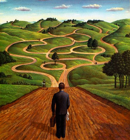 a painting of a man walking down a dirt road in the middle of a field