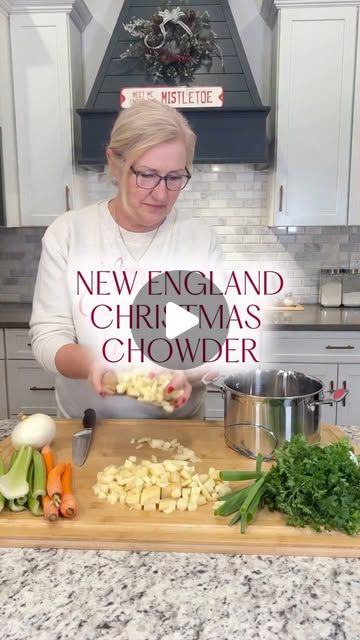 a woman is preparing food on a cutting board with the words new england christmas chowder