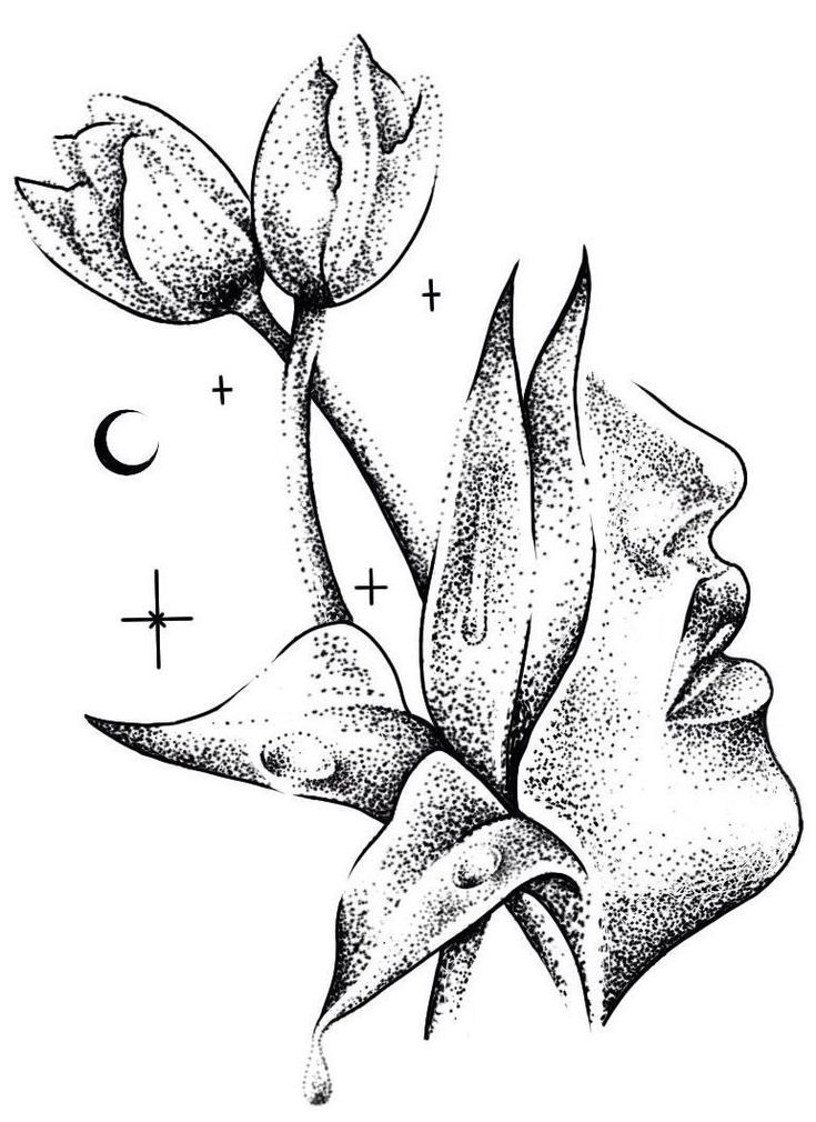 a black and white drawing of a flower with the moon in the sky behind it