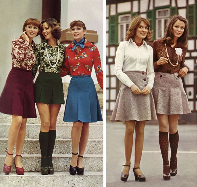 70's fashion from Life as I C it. 80s Mini Skirt Outfit, 70s Mini Skirt Outfit, 80s Preppy Fashion Women, 1970s Party Outfit, 70s Skirts, Los 70s, 1970 Style, 60s Skirt, 70s Inspired Outfits