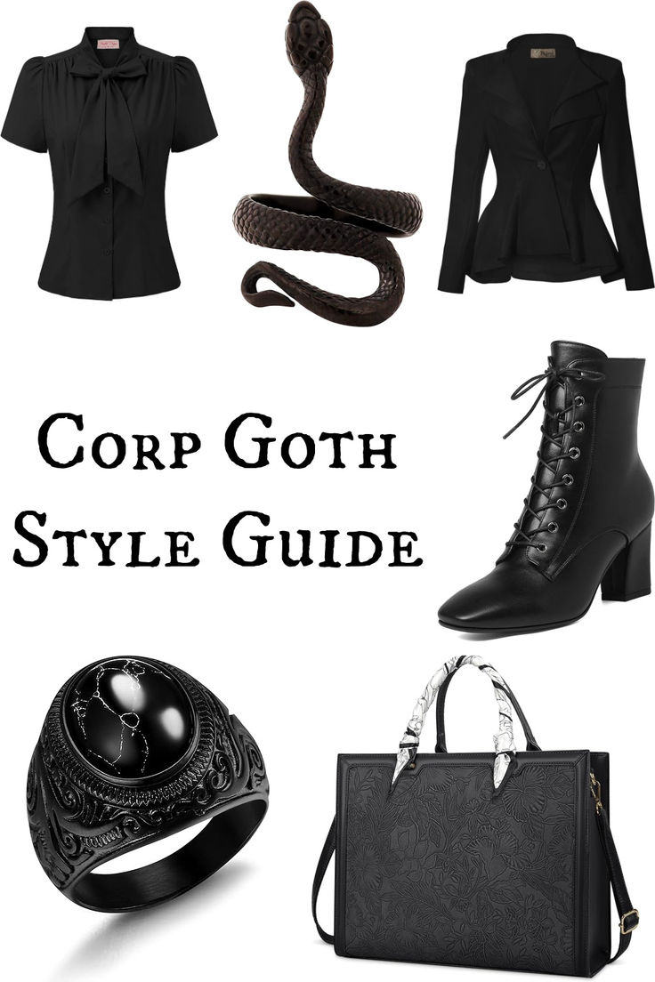 The grown up goth's answer to the corporate work force: corp goth. Elevate key office outfit components - think blazers, pencil skirts and trousers - by mixing in your spooky style. Soft Goth Work Outfits, Corporate Witch Outfit, Amazon Goth Clothes, Goth Style In Your 40s, Corporate Punk Outfits, Classy Gothic Outfits For Women, Corp Goth Aesthetic, Gothic Work Outfit Corporate Goth, Corporate Goth Capsule Wardrobe