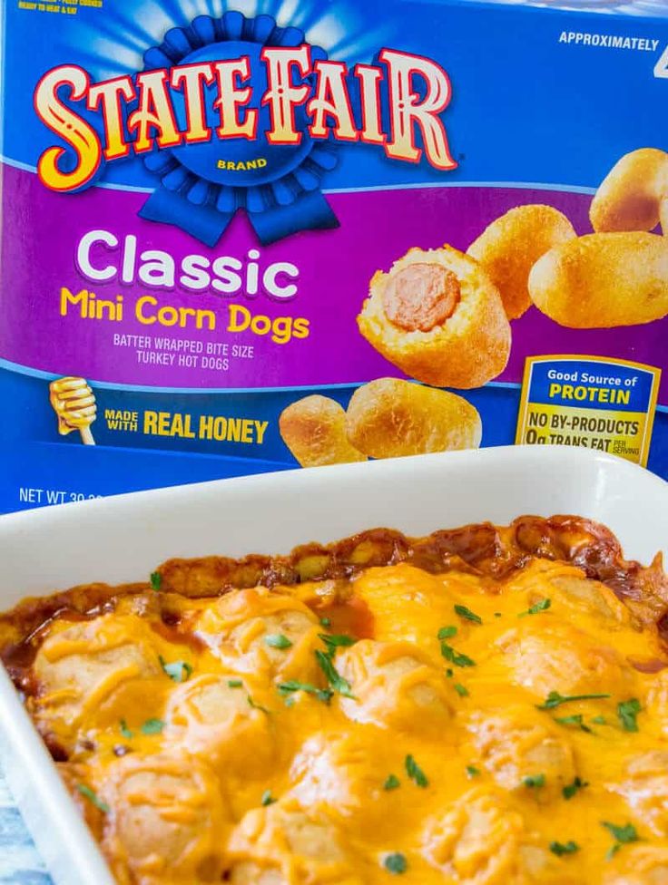 a box of state fair classic mini corn dogs next to a casserole dish