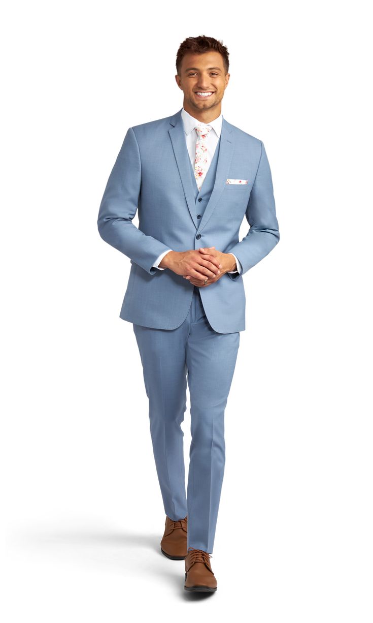 A slim light blue suit with two buttons and a notch lapel. Tan Tuxedo, Blue Tuxedo Wedding, Blue Groomsmen Suits, Groom Blue Suit, Mens Tux, Suit For Men Wedding, Blue Groomsmen, Blue Tux, Light Blue Suit