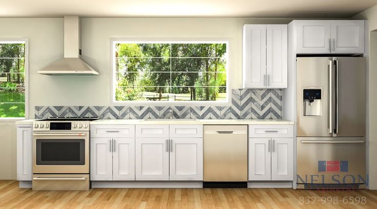 a kitchen with white cabinets and stainless steel appliances in the middle of hardwood flooring