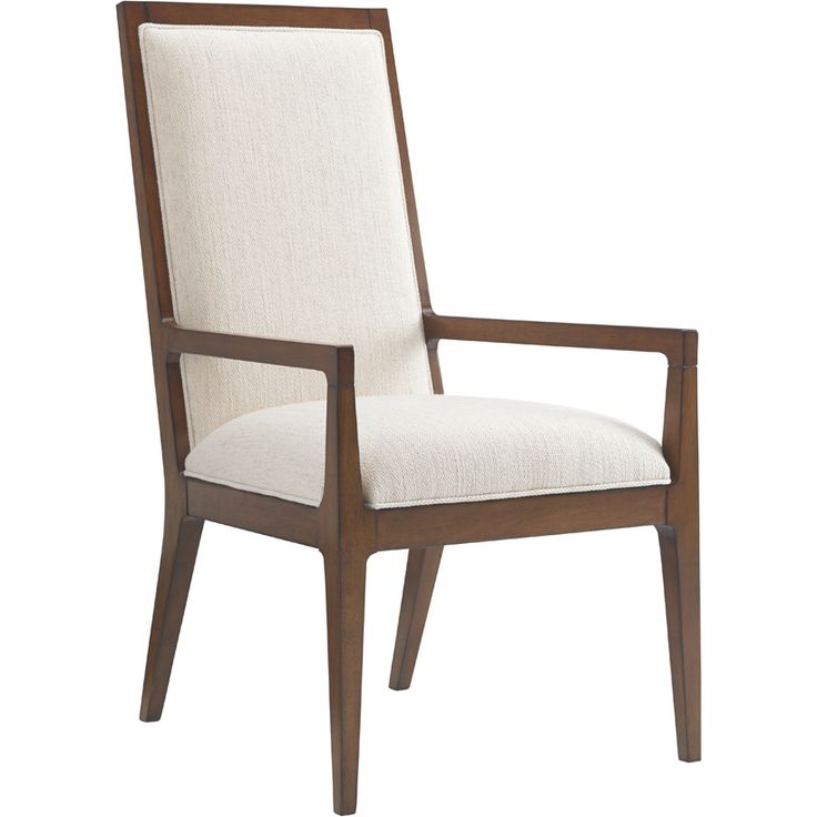 a wooden chair with beige upholstered fabric on the back and armrests