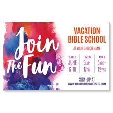 an event ticket with the words join the fun in white lettering on a multicolored background