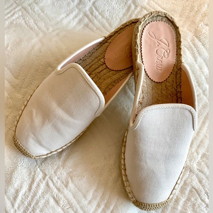 Ivory Cotton Canvas Jcrew Slide On Espadrilles. Perfect For Spring & Summer! Classier Than The Plastic Slide On Mules. Pair With Shorts, Skirts, Dresses Or Cropped Jeans. Very Versatile & Comfortable. Brand New Comes With Original Box. Cream Slip-on Espadrilles With Woven Sole, Cream Slip-on Espadrilles For Summer, Slip-on Espadrilles For Day Out, Flat Espadrilles For Everyday, Cream Slip-on Espadrilles For Spring, White Espadrilles For Everyday Summer Use, Spring Beige Slip-on Espadrilles, Beige Flat Espadrilles For Spring, Comfortable Cream Espadrilles For Spring