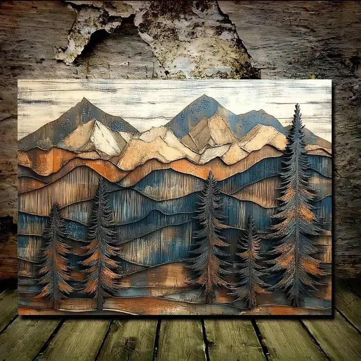 a painting with mountains and trees painted on it