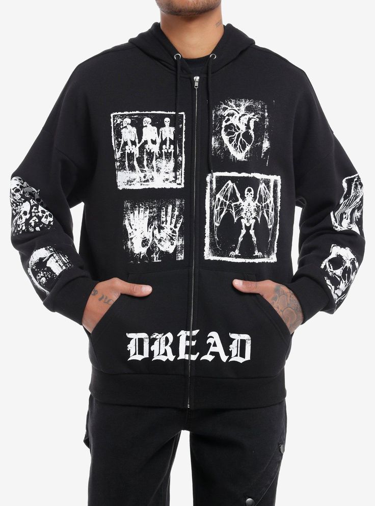 Rise from the crypt in style! This black hoodie features white printed patch designs allover  depicting skeletons  an anatomical heart  a raven and more cryptic images. "Dread" is printed on the front pockets and "Desolation" under the back skeleton graphic.52% cotton; 48% polyesterWash cold; dry lowImportedListed in men'sunisex sizesModel is 6'1''Model wears size Medium Alternative Halloween Outerwear With Graphic Print, Alternative Halloween Graphic Print Outerwear, Edgy Skull Print Hoodie For Halloween, Alternative Style Skull Print Hoodie, Alternative Long Sleeve Hoodie With Skull Print, Gothic Cotton Hoodie For Halloween, Gothic Cotton Halloween Hoodie, Halloween Band Merch Hoodie For Streetwear, Band Merch Hoodie For Halloween Streetwear