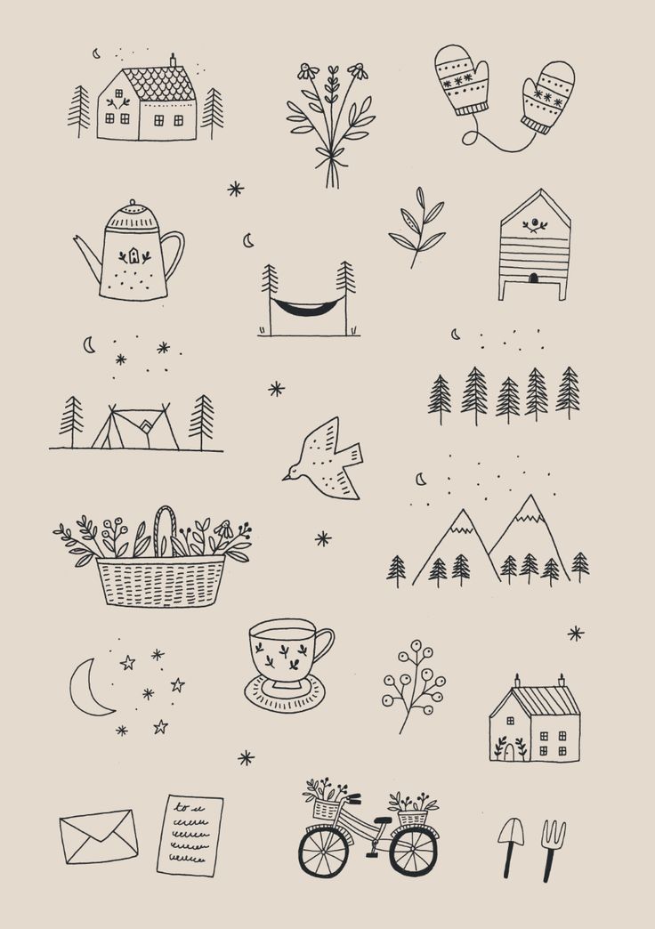 an image of various hand drawn objects on a gray background, including trees and houses