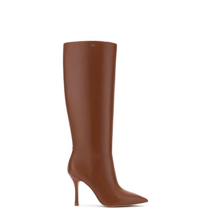 Luxury Knee-high Boots With Reinforced Heel For Formal Occasions, Luxury Knee-high Boots With Reinforced Heel For Formal Events, Luxury Formal Knee-high Boots With Reinforced Heel, Elegant Brown Knee-high Boots For Formal Occasions, Elegant Brown Heeled Boots For Work, Elegant Brown Knee-high Boots For Evening, Elegant High Heel Boots With Reinforced Heel, Classic Cognac Calf Leather Heeled Boots, Luxury Heeled Boots For Workwear