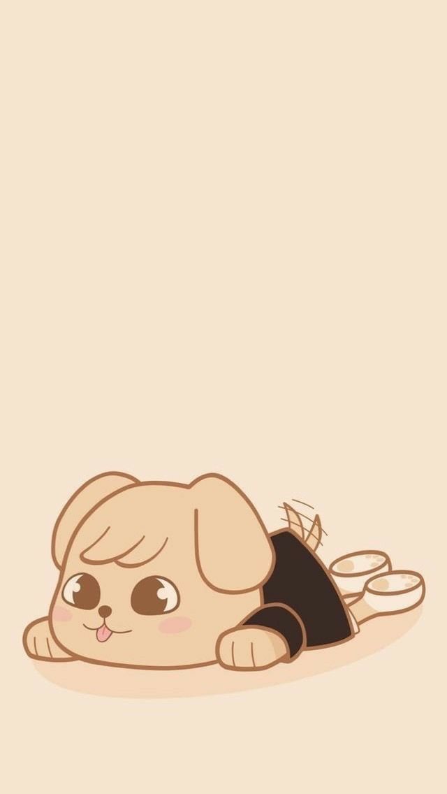 a cartoon dog laying on the ground with its head down and eyes closed, in front of a beige background