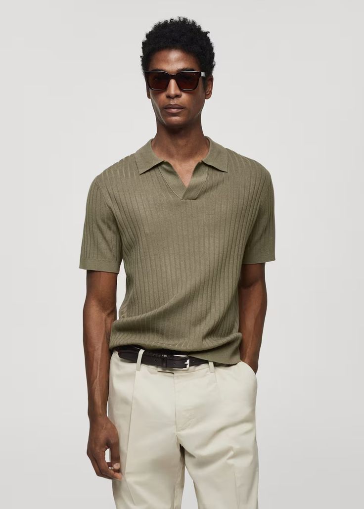 Short sleeve ribbed knit polo shirt - Men | Mango Man USA Knitted Polo Shirt Men Outfit, Mens Knit Polo Shirt Outfit, Knit Polo Shirt With Seamless Collar, Relaxed Fit Knit Collared Polo Shirt, Knit Cotton Polo Shirt, Polo Shirt Style, Style Sportif, Mango Man, Green And Khaki