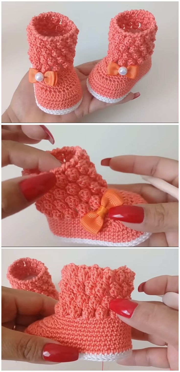 crocheted baby booties with orange bows and red nail polish are shown in three different views