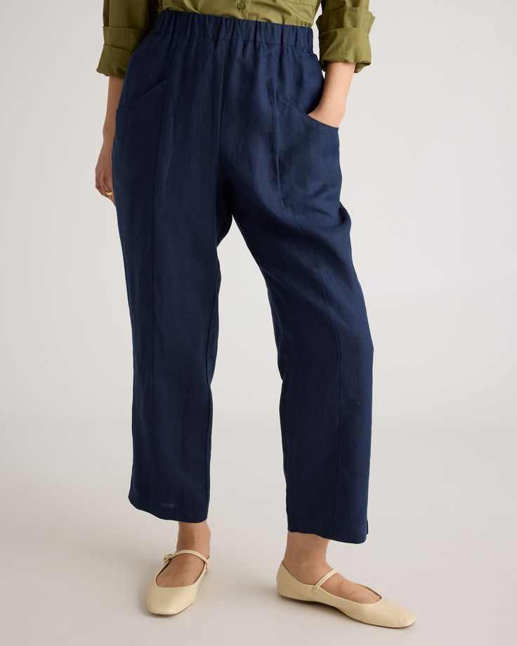 Whether you're heading to the office, out for brunch with friends, or lounging at home, the 100% European Linen Tapered Ankle Pants is the perfect choice. Made from high-quality sustainability grown linen, these pants are lightweight, breathable, and oh-so-comfortable. The tapered design flatters your figure and elongates your legs, creating a slimming effect that is both stylish and flattering. The pants are versatile enough to be paired with anything from a basic tee to a dressy blouse, making Comfortable Relaxed Fit Trousers, Effortless Ankle-length Pants With Elastic Waistband, Relaxed Pull-on Ankle-length Pants, Casual Ankle-length Pull-on Capris, Relaxed Workwear Bottoms With Pockets, Casual Pull-on Ankle-length Capris, Relaxed Fit Ankle-length Bottoms, Casual Tapered Leg Capris With Elastic Waistband, Loungewear Tapered Leg Capris With Elastic Waistband