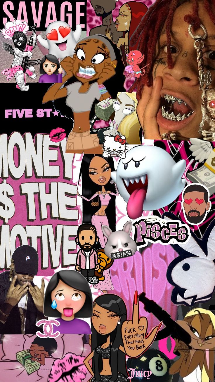 a collage of various stickers and images with the words money is the motive