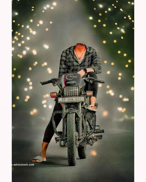 a woman sitting on top of a motorcycle in front of some lights and sparkles