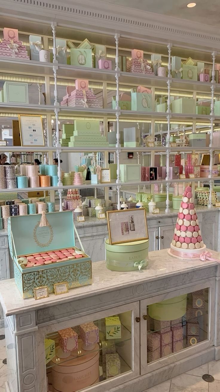 there are many items on the counter in this store that is decorated with pastel colors