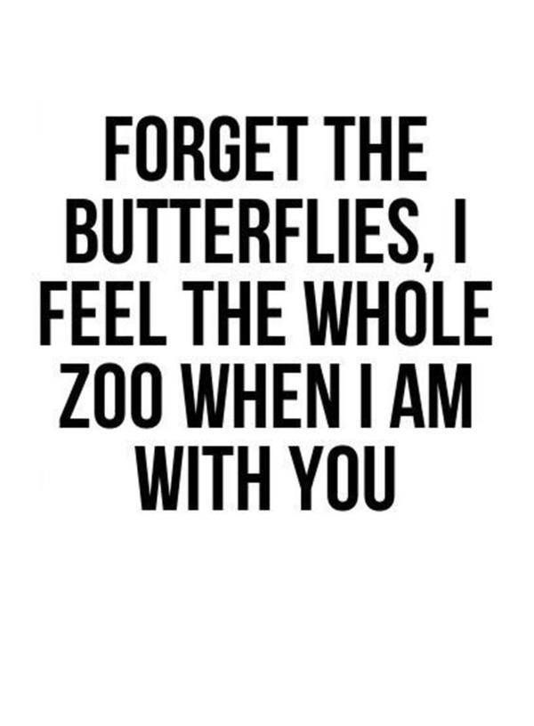 a black and white poster with the words forget the butterflies i feel the whole zoo when i am with you