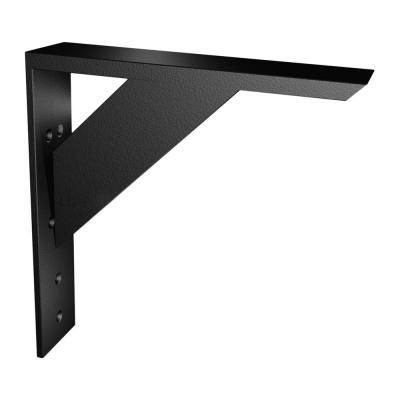 a black metal shelf with two brackets on the top and one is holding an object