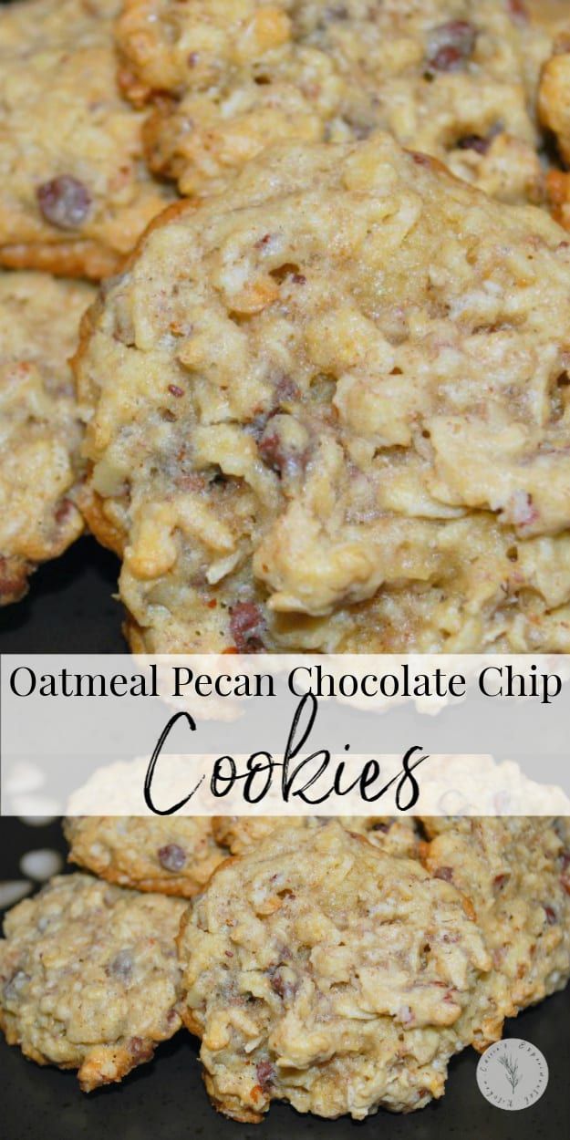 oatmeal pecan chocolate chip cookies are stacked on top of each other