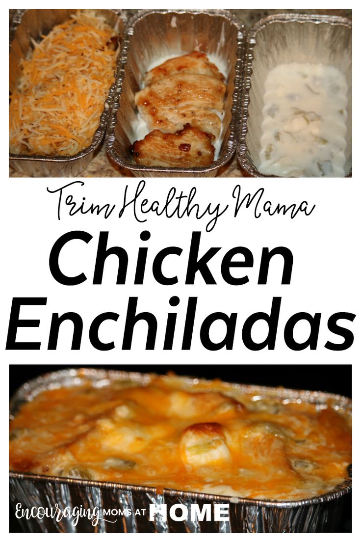 chicken enchiladas in foil pans with text overlay that reads, team healthy mama chicken enchiladas