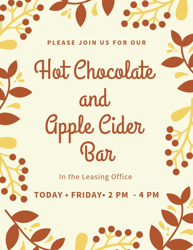 a flyer for the hot chocolate and apple cider bar, featuring leaves and berries