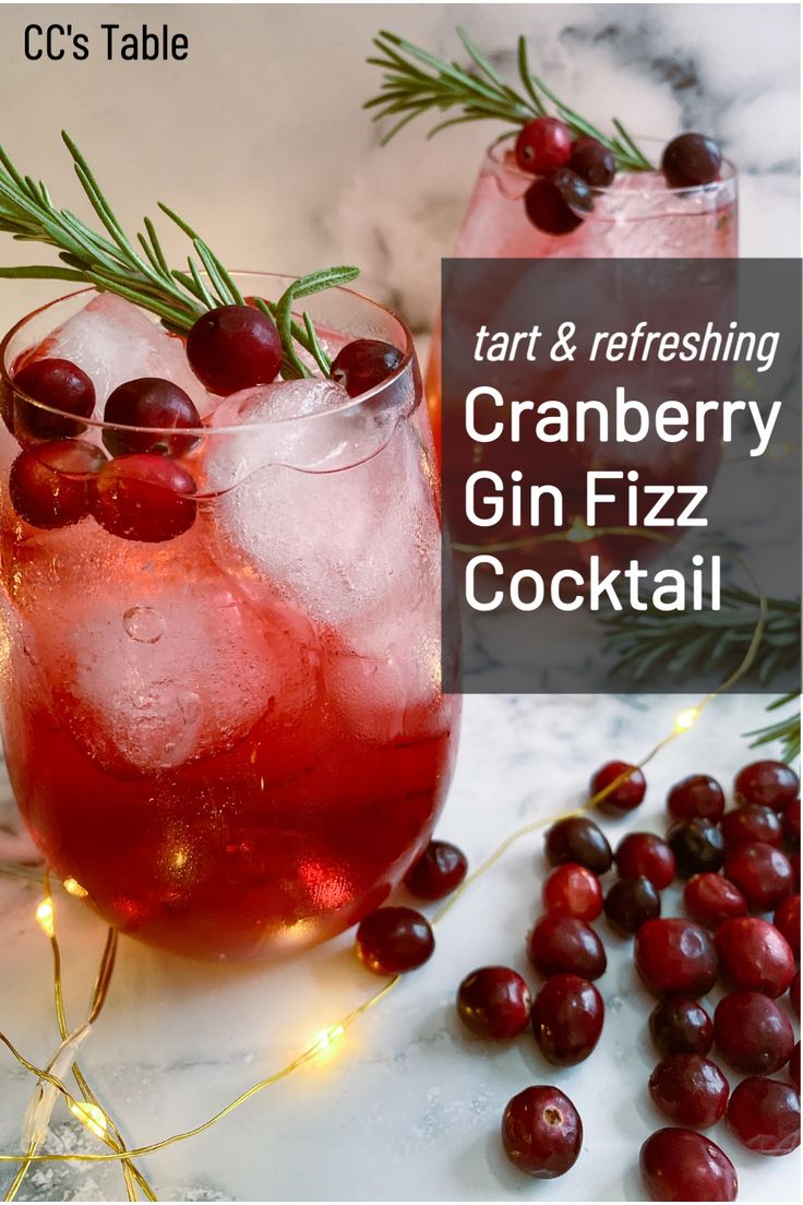 cranberry gin fizz cocktail with rosemary garnish on the rim and text tart & refreshing cranberry gin fizz cocktail