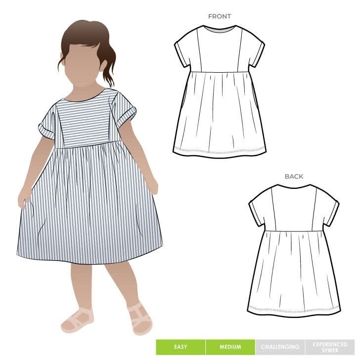 Lacey Kids Dress.Style Arc Sewing Pattern 01.Easy slip on dress with an extended shoulder, square line bodice and slightly gathered skirt.Recommended fabricsKnit – jersey and baby wool. Woven – rayon, silk and cotton. Kids Dress Pattern, Apron Template, Dollhouse Pattern, Fabric Dollhouse, Paper Dress Patterns, Childs Apron, Smock Pattern, Purse Sewing, Style Arc