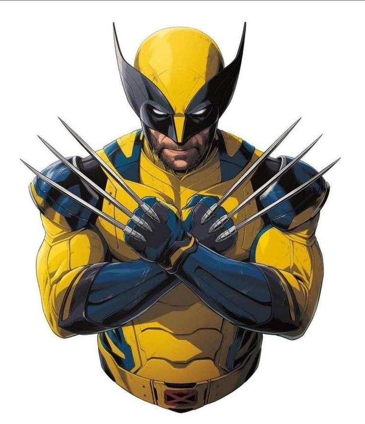 the wolverine is standing with his arms crossed in front of him, wearing yellow and blue