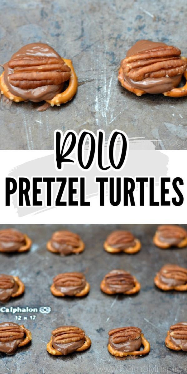 mini pretzel turtles on a baking sheet with text overlay that reads kolo pretzel turtles