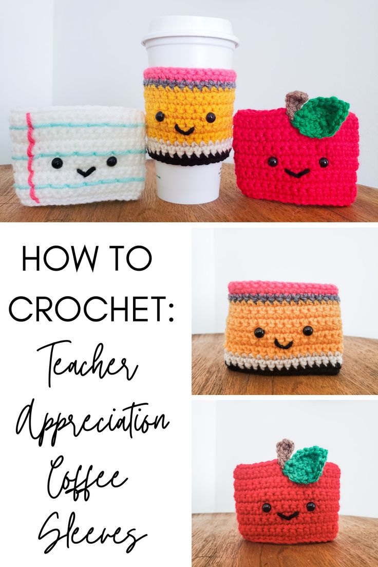 crocheted coffee cup cozyies with faces on them and the words how to croche