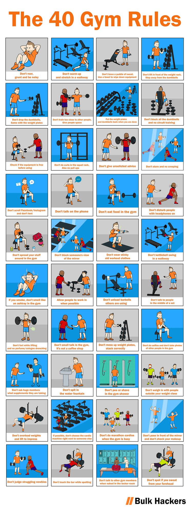 the 40 gym rules poster shows how to do different exercises for each individual body type