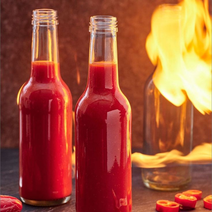 two bottles filled with red liquid sitting on top of a table next to a fire