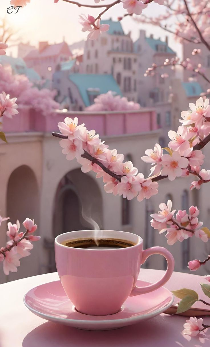 a cup of coffee sitting on top of a pink saucer next to a tree