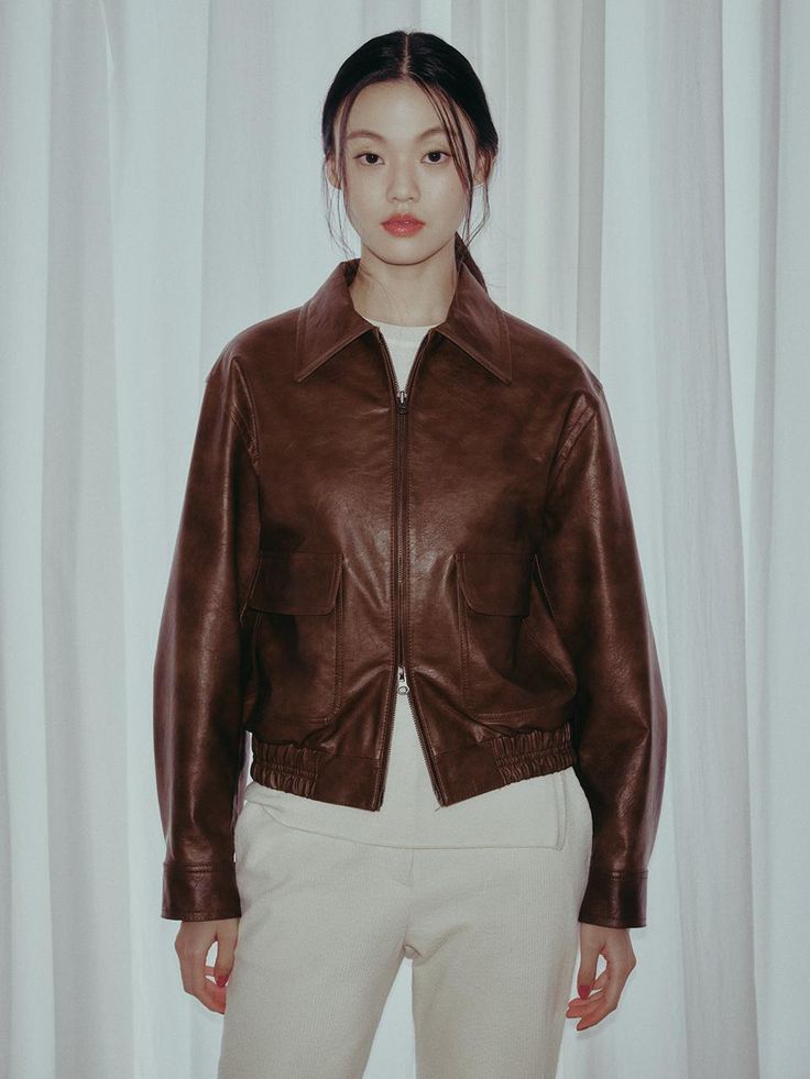 This is a minimalist eco-leather blouson jacket. -Single collar and two=way zipper-Flap pockets available-Hem bending and sleeve snaps-Vintage appearance with natural cracks Vintage Leather Jacket With Zipper For Work, Brown Leather Jacket With Zip Cuffs For Work, Leather Jacket With Zip Cuffs For Work In Fall, Fall Workwear Leather Jacket With Zip Cuffs, Fall Leather Jacket With Zip Cuffs For Work, Brown Leather Jacket With Zip Cuffs For Fall, Blouson Jacket, Bending, Flap Pocket