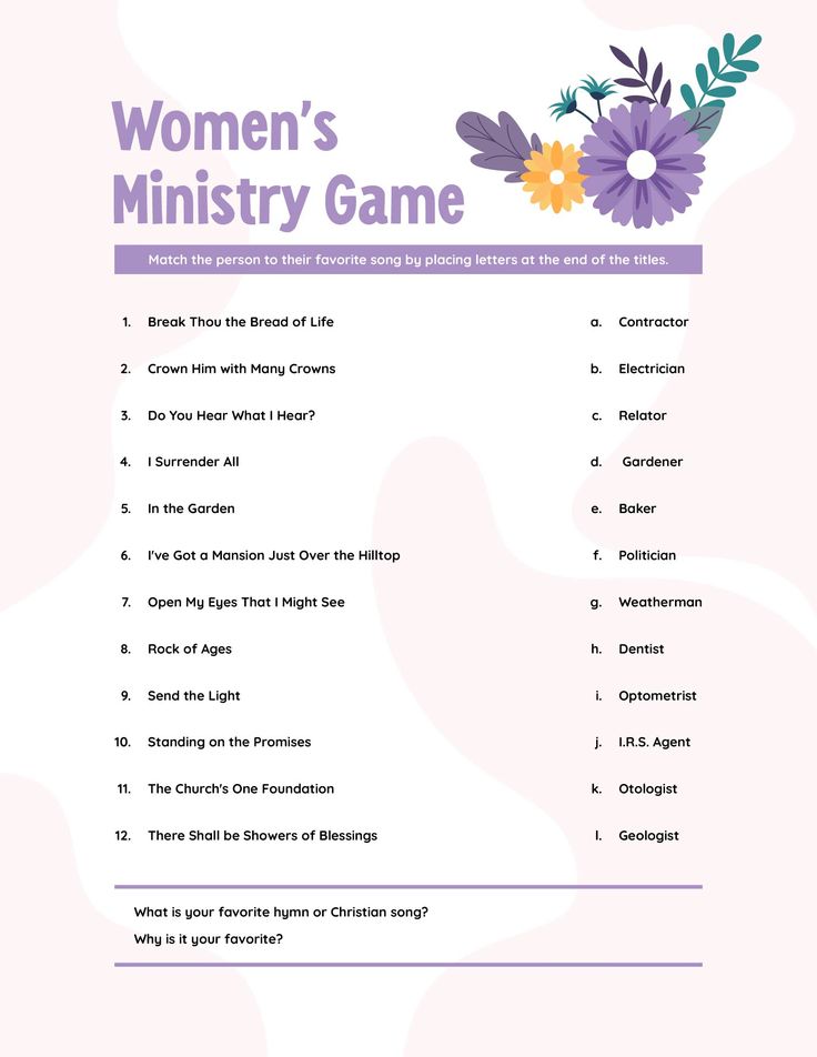 the women's ministry game is shown in purple and blue flowers on a pink background