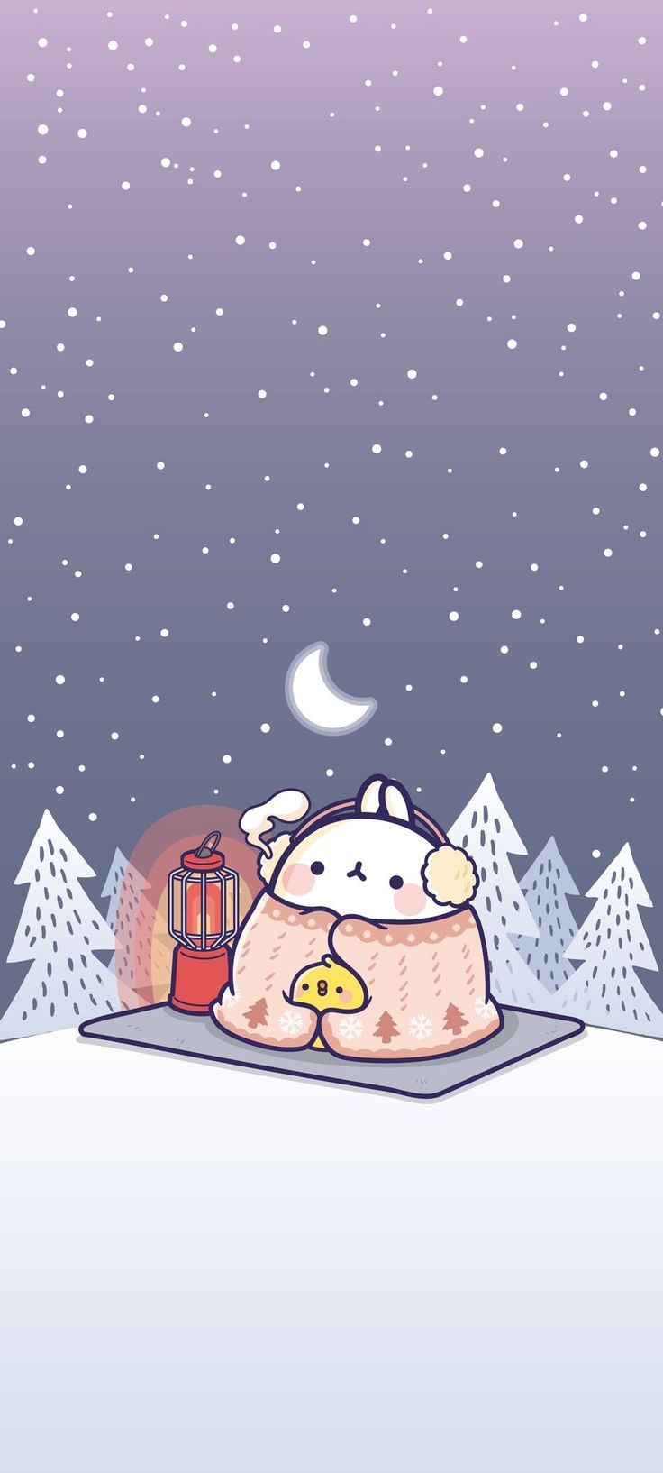 an animal is sitting on top of a book in the snow with a lantern and some trees