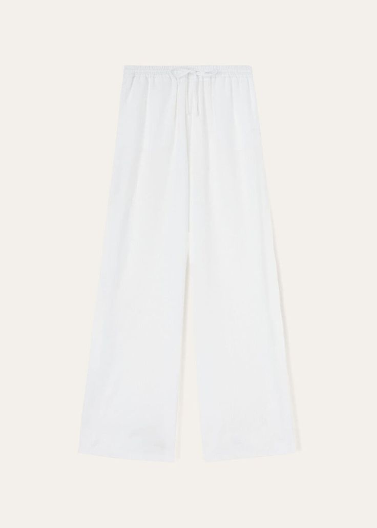 Inspired by lazy days spent lounging on faraway beaches, these relaxed, wide-legged Loro Piana trousers are defined by a natural linen fabric weave. The material is treated with a soft aloe finish that resists wrinkles, while providing a flowing drape. A comfortable, loose-fitting style featuring an elastic drawstring waist that is perfect for summertime lounging. Linen Bottoms With Elastic Waistband For Lounging, White Wide Leg Pants With Straight Hem For Summer, Loosely Fitted Wide Leg Pants For Summer Lounging, White Linen Wide Leg Pants With Elastic Waistband, Linen Wide Leg Straight Pants For Loungewear, Relaxed Linen Wide Leg Pants For Daywear, Relaxed Wide Leg Pants For Daywear, Relaxed Fit Wide Leg Linen Pants For Daywear, Daywear Linen Pants With Elastic Waistband