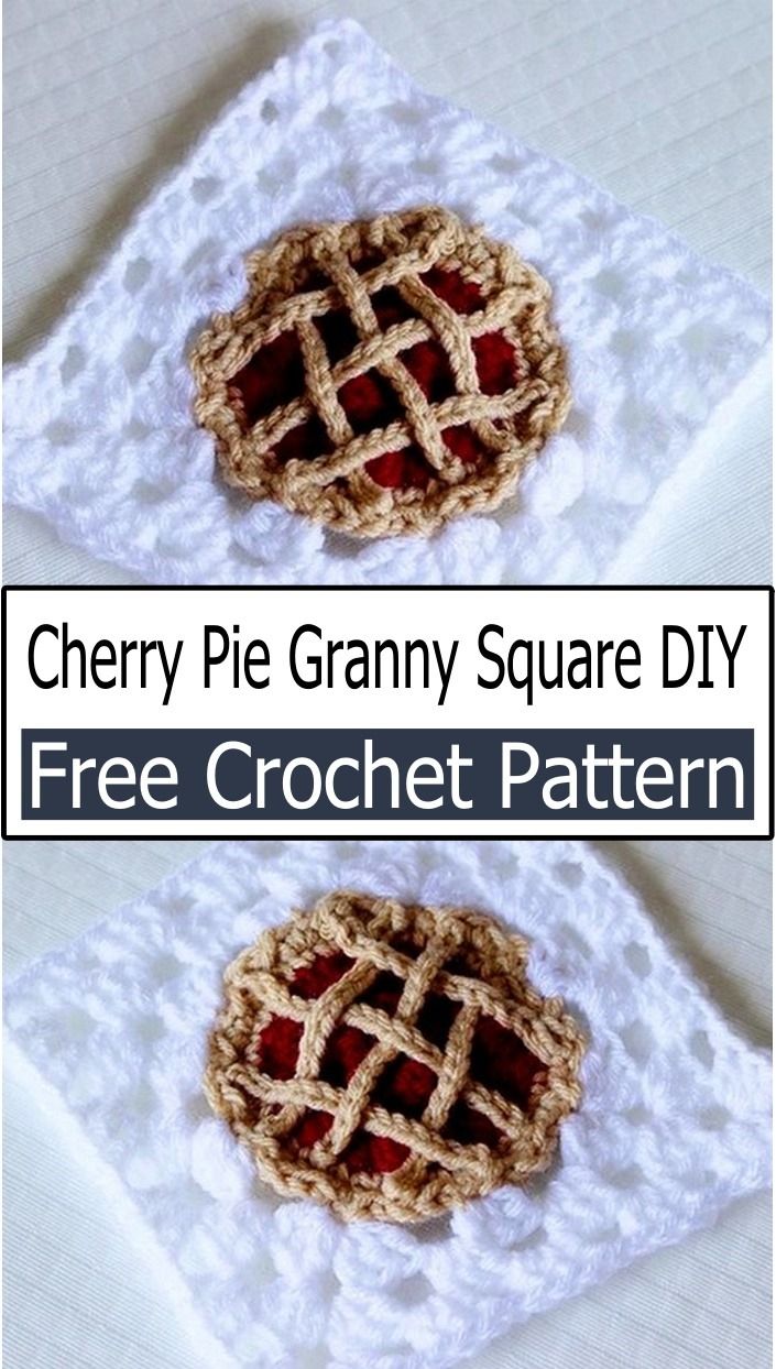 two crocheted pies sitting on top of a white doily with text overlay reading cherry pie granny square diy free crochet pattern