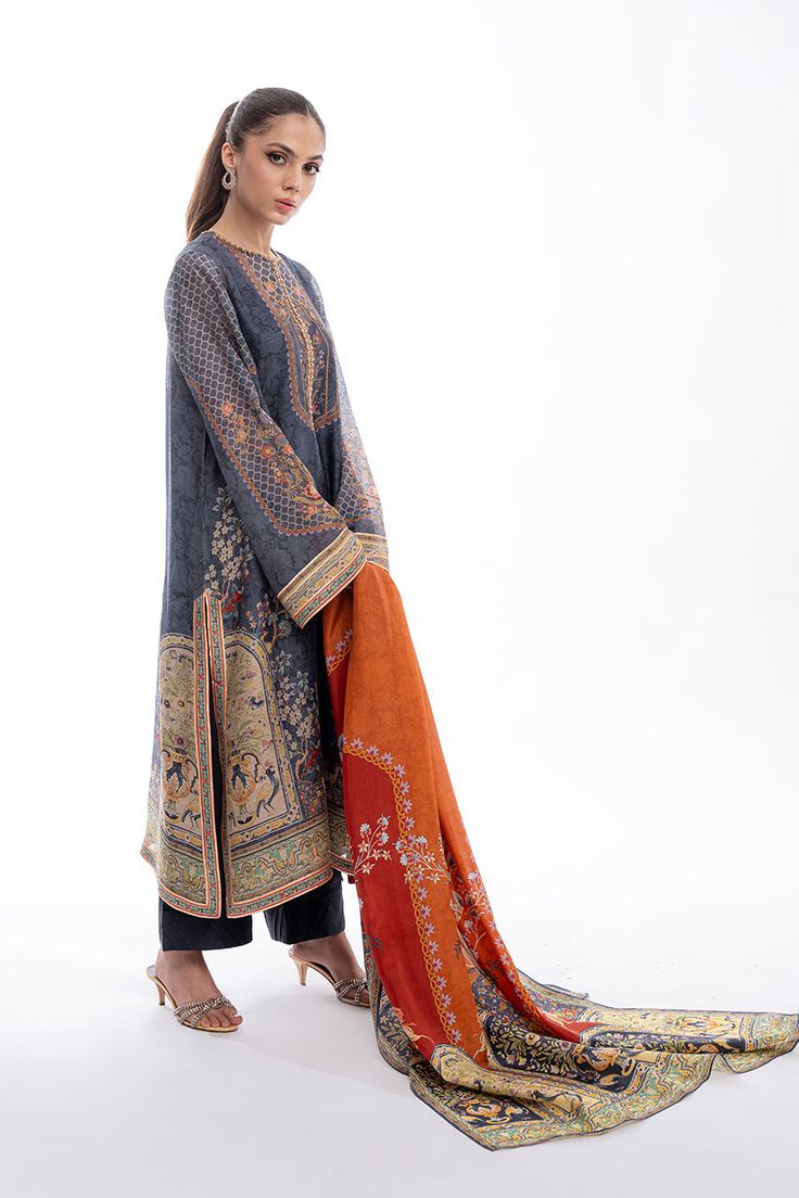 Shirin Indigo Chanderi Salwar Kameez With Resham Embroidery, Designer Wear Indigo Kurta, Indigo Straight Kurta With Dabka, Indigo Dabka Straight Kurta, Transitional Silk Kurta With Printed Motifs, Indigo Cotton Silk Kurta For Eid, Indigo Salwar Kameez With Resham Embroidery, Indigo Chanderi Salwar Kameez With Zari Work, Semi-stitched Bohemian Kurta With Sheer Dupatta