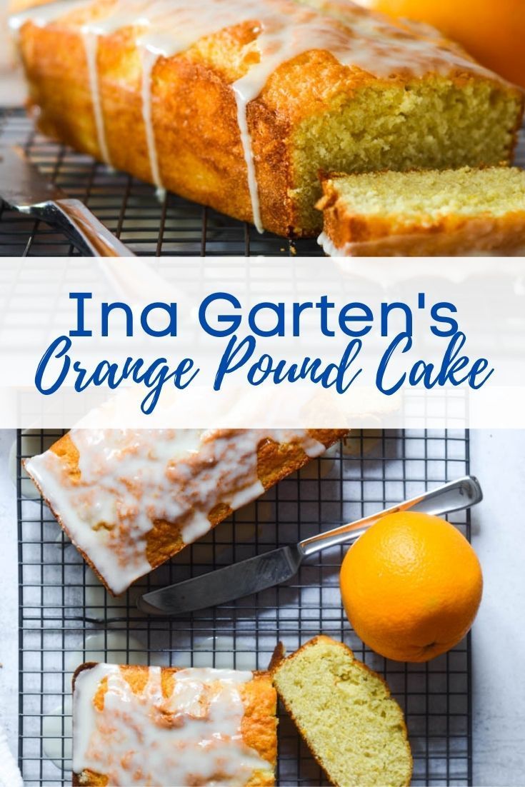 an orange pound cake with icing on top and two slices cut from the side