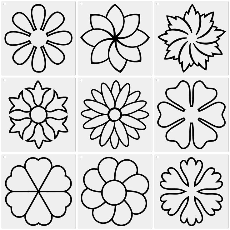 six different types of flowers in black and white, each with four petals on the same side