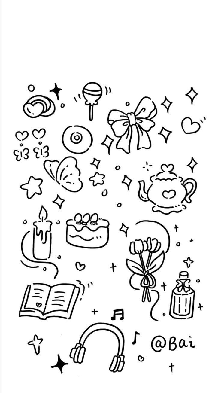 a black and white drawing of different items in the air with stars, hearts, flowers, candles, books