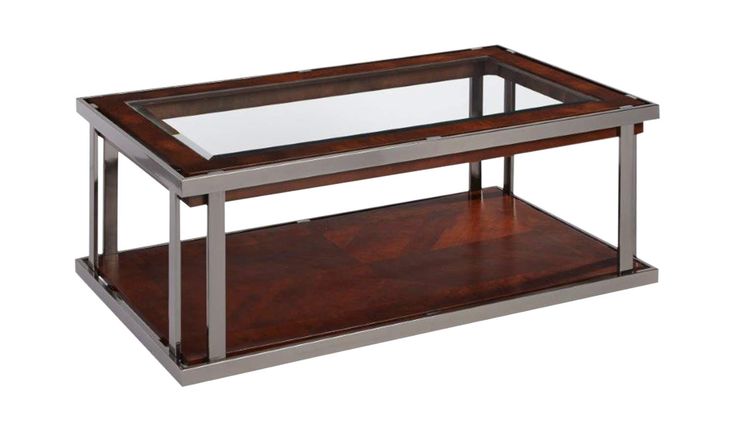 a wooden and metal coffee table with glass shelves on each side, against a white background