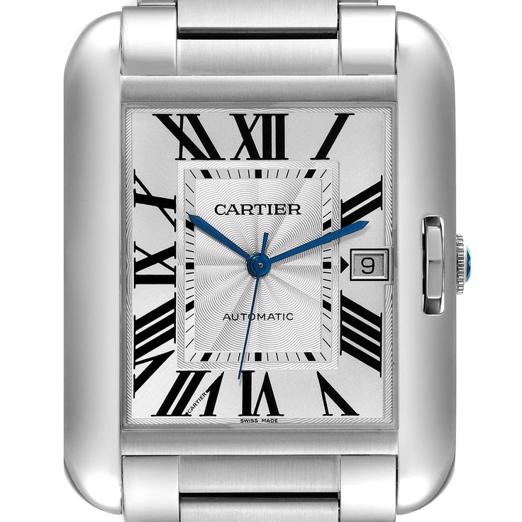 Cartier Tank Anglaise XL Steel Automatic Mens Watch W5310008 Box Papers. Automatic self-winding movement. Stainless steel case 47mm x 36.2 mm. Case thickness 9.82 mm. Crown set with a faceted blue spinel cabochon. . Scratch resistant sapphire crystal. Silver   guilloche dial. Painted black Roman numerals. Sword shaped blued steel hands. Secret Cartier signature at X. Date calendar window at 3 o'clock aperture. Secret Cartier signature at VII. Stainless steel bracelet with with deployant buckle. Cartier Tank Anglaise, Mens Rose Gold Watch, Blue Spinel, Cartier Tank, Unisex Watches, Rose Gold Watch, Beautiful Watches, Roman Numerals, Watch Sale