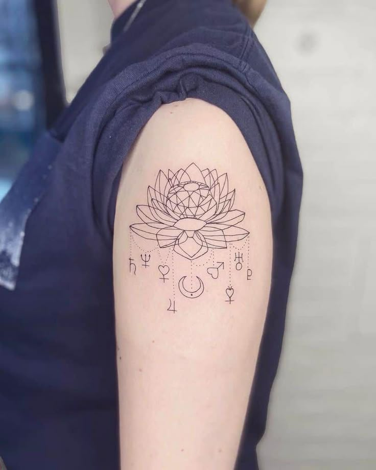 a woman with a tattoo on her arm has a lotus flower and zodiac signs tattooed on it