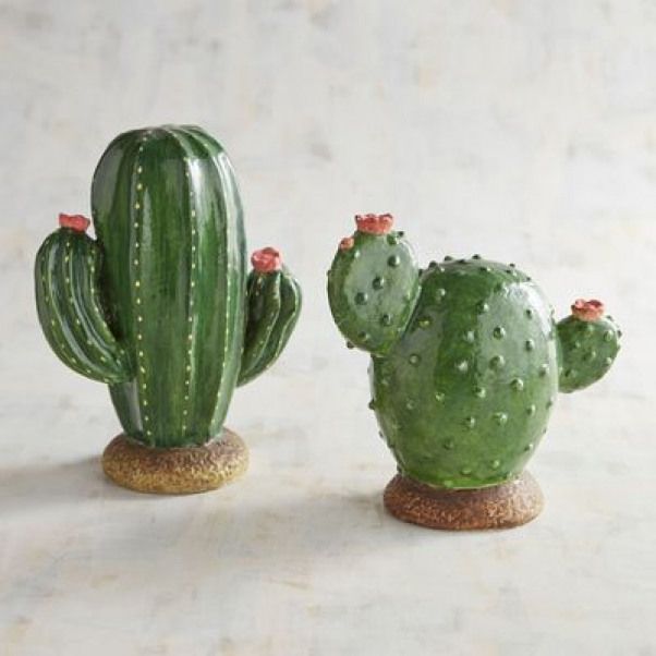 two small green cactus plants sitting next to each other on top of a white surface