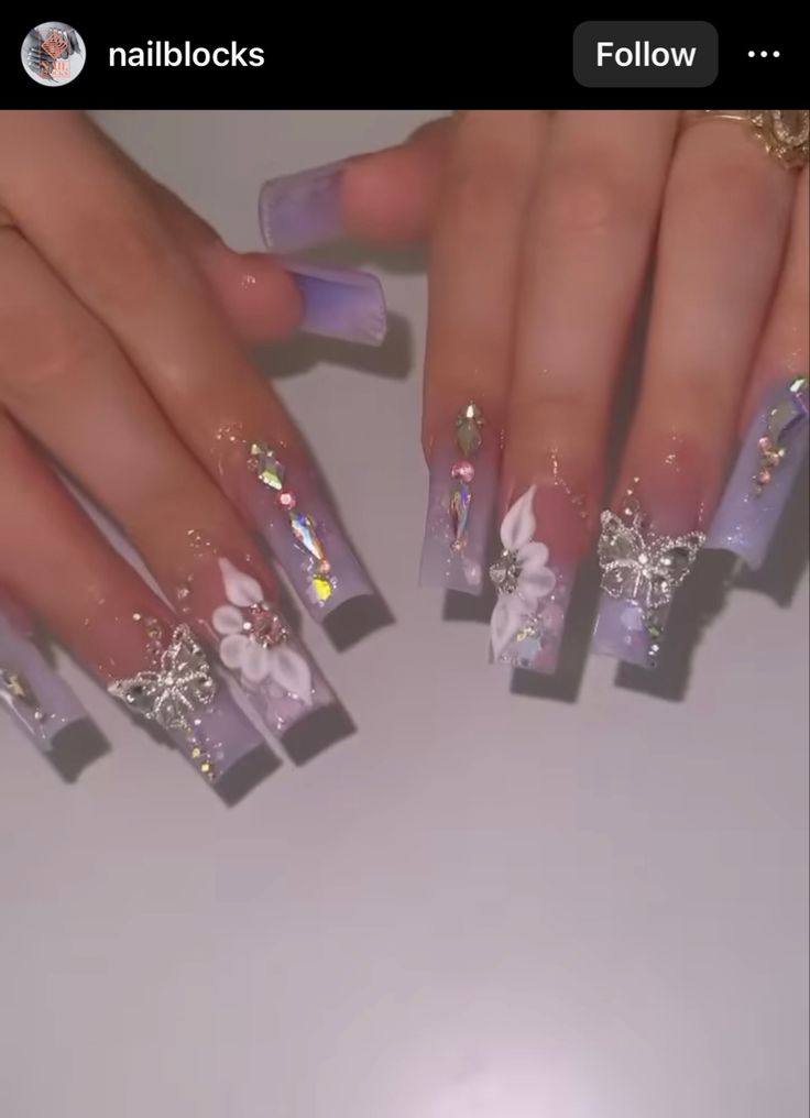 Purple Nails Acrylic Birthday, Elegant Nails Lavender, Lavender Purple Acrylic Nails, Lilac Quinceanera Nails Butterfly, Lilac Nails For Quinceanera, Prom Nails Lilac Silver Glitter, Lavender Butterfly Nails Quince, Light Purple Homecoming Couple, Prom Nail Ideas Purple