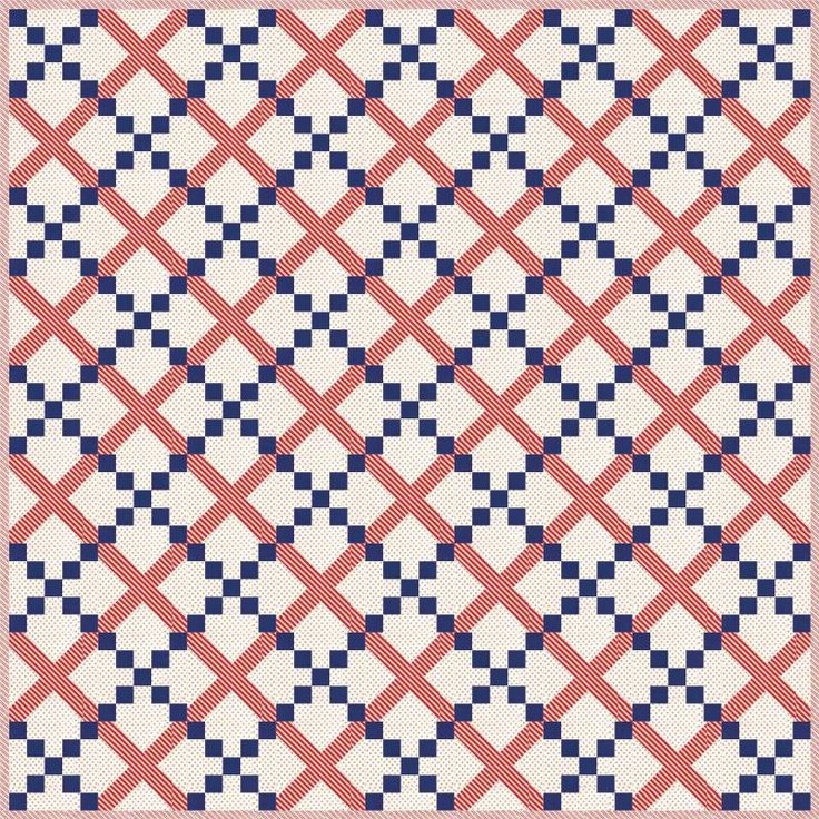 a red, white and blue quilt with an argyle pattern on the bottom right corner